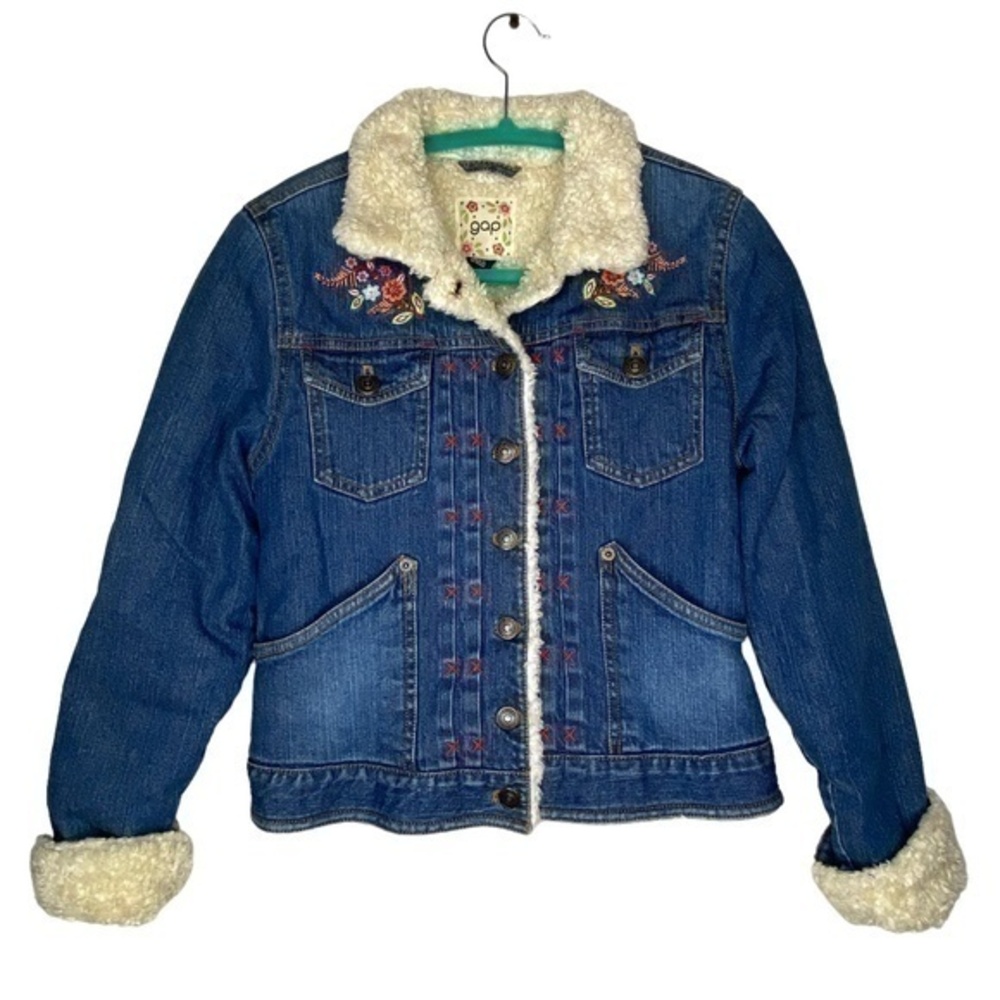 GAP Girls Jean Jacket Denim Blue Faux Sherpa Lined Floral Embroidered Size XL 12